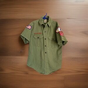 True Vintage 1960s BSA Boy Scouts Shirt Sanforized Olive Green VTG Patches KS